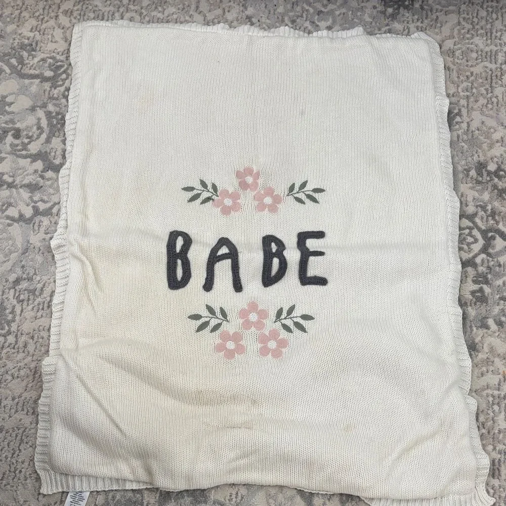 Pottery barn “babe” Cream Knit Blanket with Floral Design